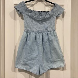 Baby Blue Romper Ruched Top Love Tree Off the Shoulder